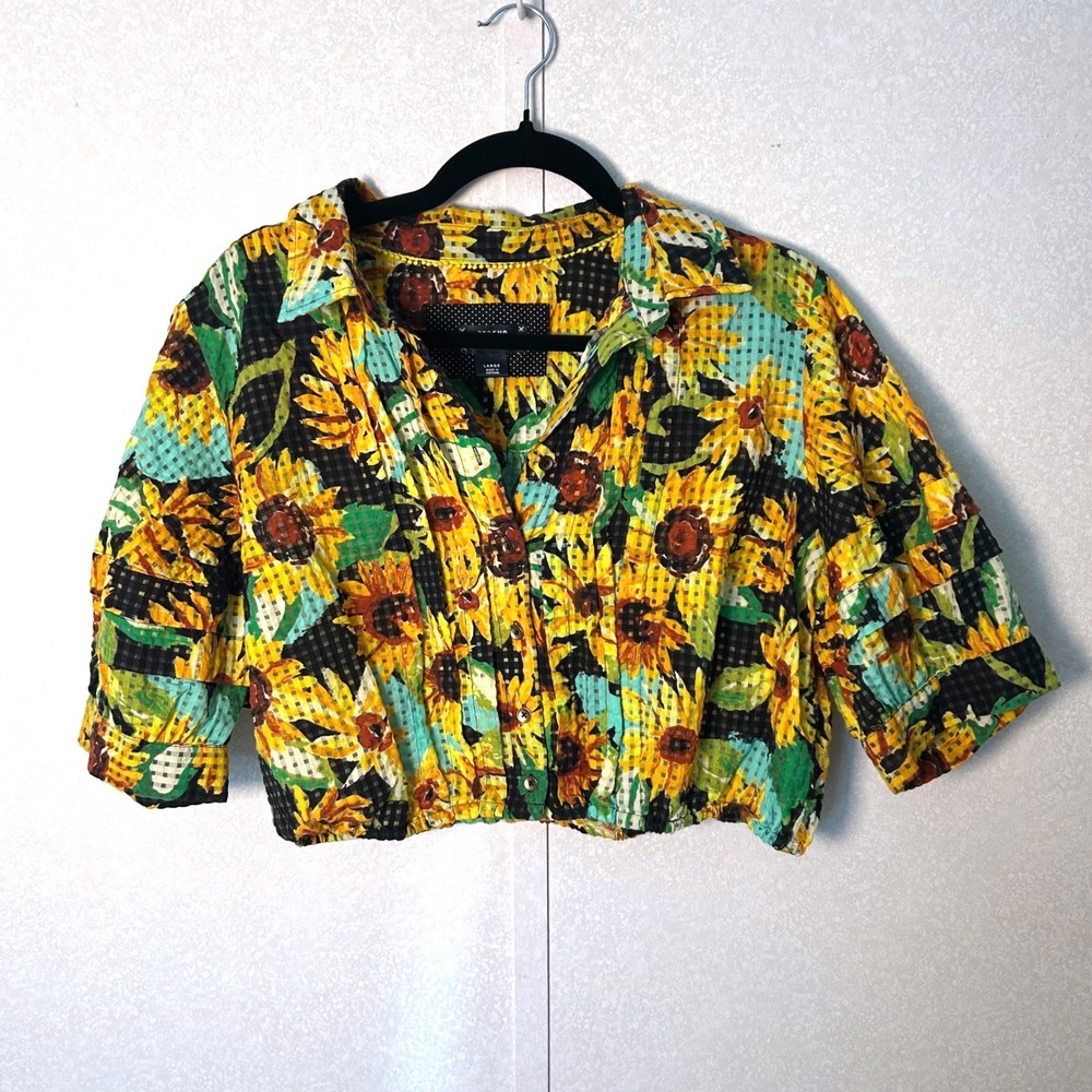 Anthropologie Maeve summer sunflower print cropped button down puffsleeve blouse